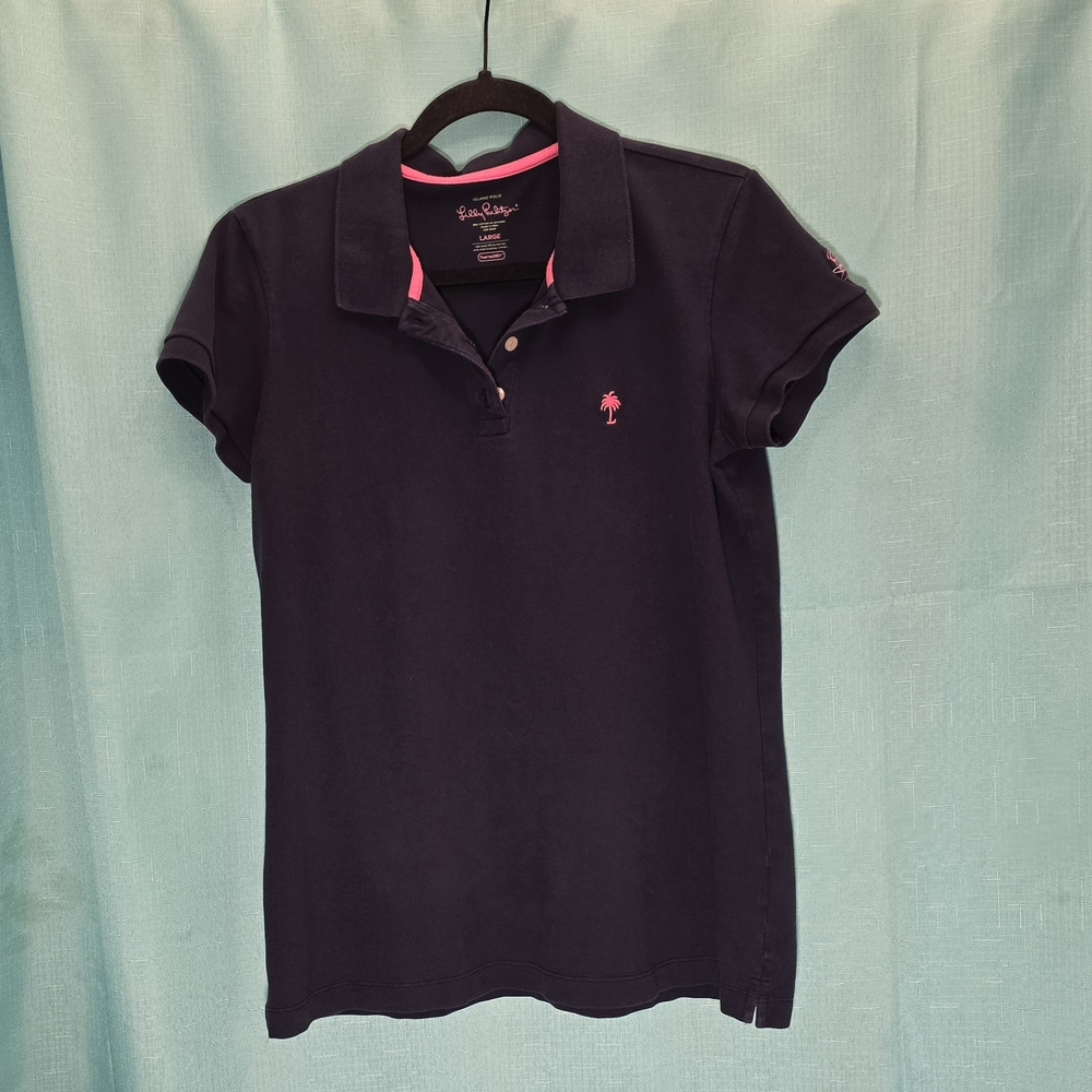 Lilly Pulitzer Navy Polo Shirt with Pink Accents Large EUC
